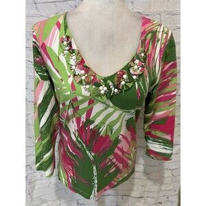 Ruby Rd. Ladies Size Smal3/4 Sleeve Cotton Top-V Neck-Beaded-Stretchy-MultiColor